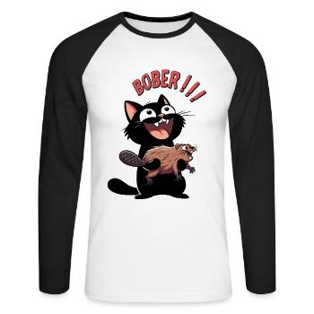 Hyper cat calls "Bober!!" – Animal freak out - Unisex Long Sleeve Baseball T-Shirt - white/black - Front - Nik (191cm)