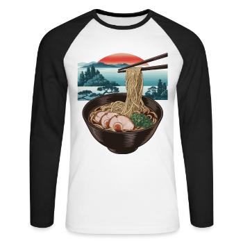 Ramen und Sonnenuntergang - Unisex Baseballshirt langarm - Weiß/Schwarz - Vorne - Nik (191cm)