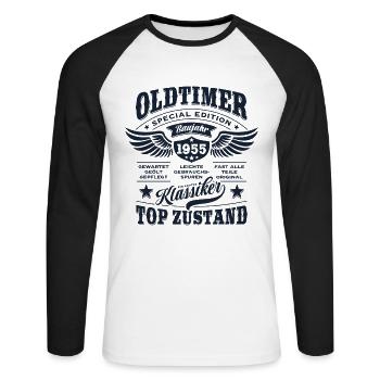 Oldtimer Baujahr 1955 - Geburtstag - Geschenk - Unisex Baseballshirt langarm - Weiß/Schwarz - Vorne - Nik (191cm)