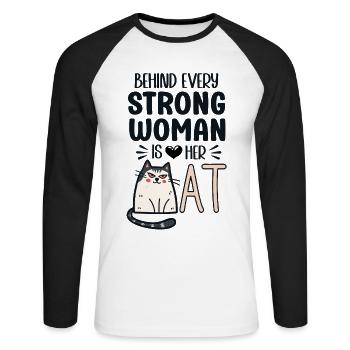 Derrière chaque femme forte se trouve son chat - T-shirt baseball manches longues Homme - blanc/noir - Devant - Nik (191cm)