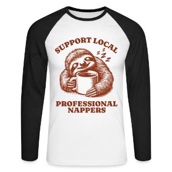 Support Local Professional Nappers Funny Sloth - Unisex Long Sleeve Baseball T-Shirt - white/black - Front - Nik (191cm)