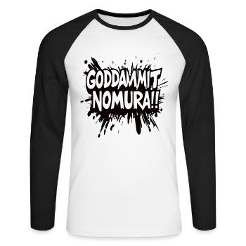 Goddammit Nomura – Splatter Design - Unisex Baseballshirt langarm - Weiß/Schwarz - Vorne - Nik (191cm)