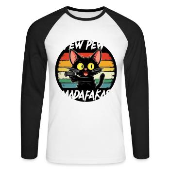 Pew Pew Cat Drôle de chat - T-shirt baseball manches longues Homme - blanc/noir - Devant - Nik (191cm)