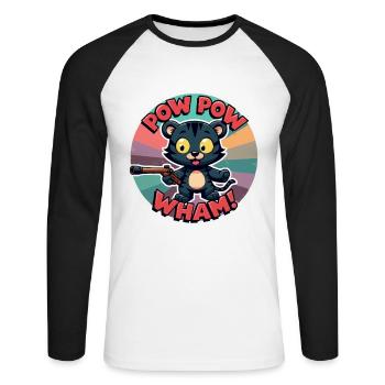 Pow Pow Wham Cat Drôle de chat - T-shirt baseball manches longues Homme - blanc/noir - Devant - Nik (191cm)