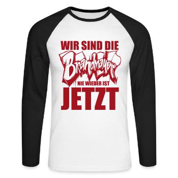 Wir sind die Brandmauer. Nie wieder ist jetzt - Unisex Baseballshirt langarm - Weiß/Schwarz - Vorne - Nik (191cm)