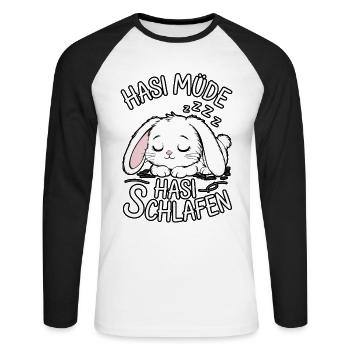 Hasi müde Hasi schlafen | Offizielles Schlafshirt - Unisex Baseballshirt langarm - Weiß/Schwarz - Vorne - Nik (191cm)
