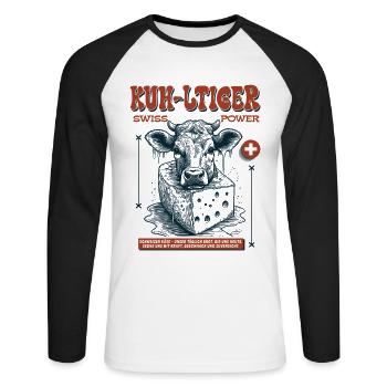Kuh & Käse Shirt: Schweizer Ländlerfreude pur - Unisex Baseballshirt langarm - Weiß/Schwarz - Vorne - Nik (191cm)