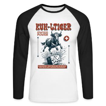 Schweizer Volksfest Shirt: Käse, Kuh und Herzblut - Unisex Baseballshirt langarm - Weiß/Schwarz - Vorne - Nik (191cm)