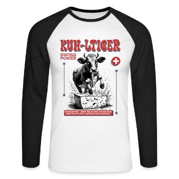 Schweiz-Shirt mit Käse, Kuh & traditioneller Seele - Unisex Baseballshirt langarm - Weiß/Schwarz - Vorne - Nik (191cm)
