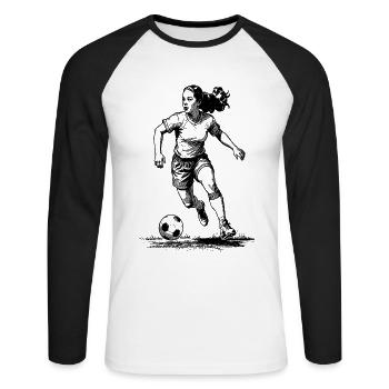 Striker Women's Soccer Shirt: Goal Scorer on the Ball - Unisex Long Sleeve Baseball T-Shirt - white/black - Front - Nik (191cm)