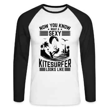 Now you know what a sexy kitesurfer looks like - Unisex Baseballshirt langarm - Weiß/Schwarz - Vorne - Nik (191cm)