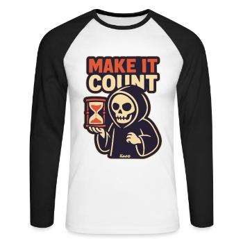 Sensenmann mit Sanduhr: Mach was draus - Unisex Baseballshirt langarm - Weiß/Schwarz - Vorne - Nik (191cm)