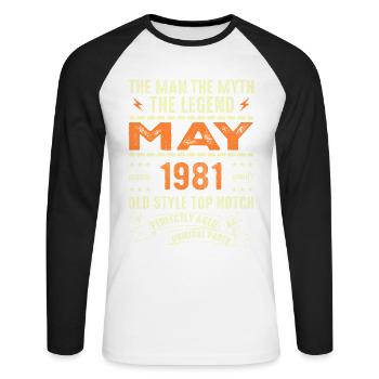 Anniversaire Mai 1981 - Mai 1981 - T-shirt baseball manches longues Homme - blanc/noir - Devant - Nik (191cm)