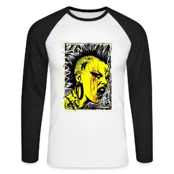 Femme punk sauvage avec mohawk et colère sur timbre-poste - T-shirt baseball manches longues Homme - blanc/noir - Devant - Nik (191cm)