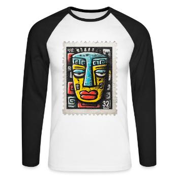 Bunte Maske im Tribal-Stil auf Briefmarke - Unisex Baseballshirt langarm - Weiß/Schwarz - Vorne - Nik (191cm)