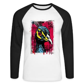 Pfau mit pinkem Blick im Streetart-Look - Unisex Baseballshirt langarm - Weiß/Schwarz - Vorne - Nik (191cm)