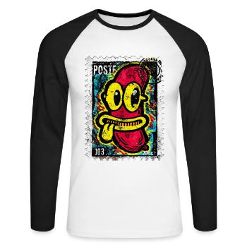 Freche Comic-Wurst mit Zunge auf Briefmarke - Unisex Baseballshirt langarm - Weiß/Schwarz - Vorne - Nik (191cm)