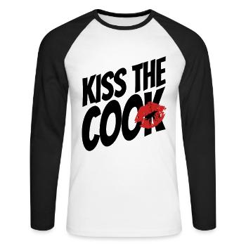 Embrasser le cuisinier - coq - jeu de mots - dire - T-shirt baseball manches longues Homme - blanc/noir - Devant - Nik (191cm)