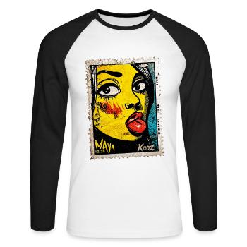 Naughty Pop Art Woman with Tongue on Postage Stamp - Unisex Long Sleeve Baseball T-Shirt - white/black - Front - Nik (191cm)