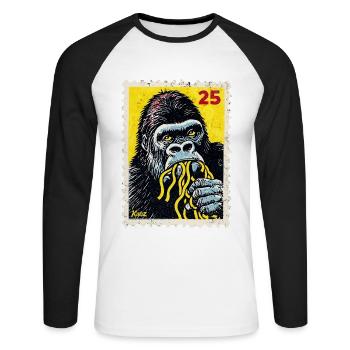 Gorille mange des nouilles – Timbre de bande dessinée - T-shirt baseball manches longues Homme - blanc/noir - Devant - Nik (191cm)