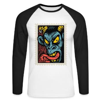 Dämon-Affe mit langer Zunge, eine Comic Briefmarke - Unisex Baseballshirt langarm - Weiß/Schwarz - Vorne - Nik (191cm)
