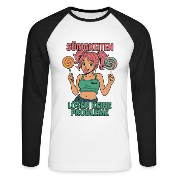 SÜßIGKEITEN LÖSEN KEINE PROBLEME - Unisex Baseballshirt langarm - Weiß/Schwarz - Vorne - Nik (191cm)