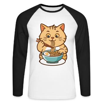 Funny Cat eating ramen noodle Soup Japan Food - Unisex Long Sleeve Baseball T-Shirt - white/black - Front - Nik (191cm)