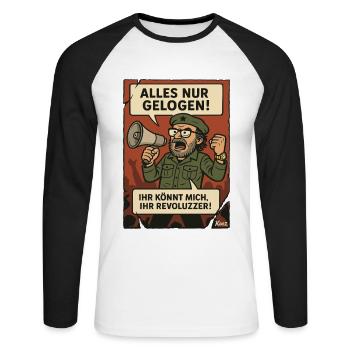 Alles nur gelogen! Revoluzzer-Parodie - Unisex Baseballshirt langarm - Weiß/Schwarz - Vorne - Nik (191cm)