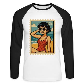 Summer Sun Garland Retro Postage Stamp - Unisex Long Sleeve Baseball T-Shirt - white/black - Front - Nik (191cm)