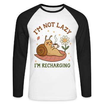 Im not Lazy Im recharging funny Snail drink Coffee - Unisex Long Sleeve Baseball T-Shirt - white/black - Front - Nik (191cm)