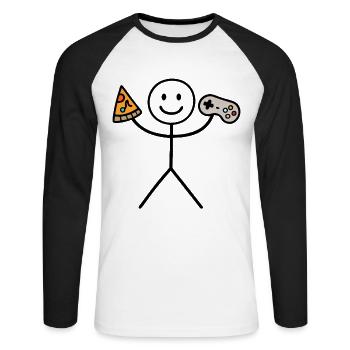 Funny Pizza Gamer with Controller Gaming Stick Men - Unisex Baseballshirt langarm - Weiß/Schwarz - Vorne - Nik (191cm)