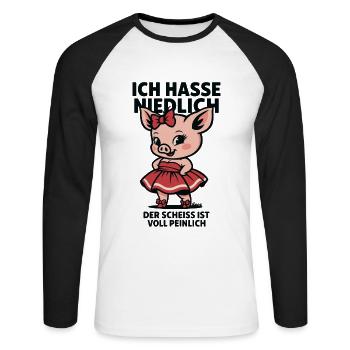 Ich hasse niedlich – Schwein im Kleid - Unisex Baseballshirt langarm - Weiß/Schwarz - Vorne - Nik (191cm)