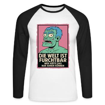 The World Is Terrible – Zombie Statement - Unisex Long Sleeve Baseball T-Shirt - white/black - Front - Nik (191cm)