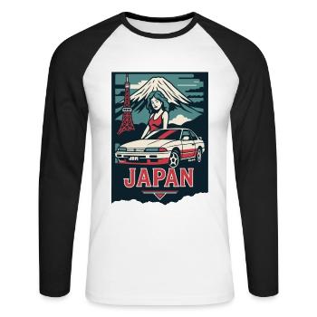 JAPAN JDM – Retro Car Poster with Fuji & Style - Unisex Long Sleeve Baseball T-Shirt - white/black - Front - Nik (191cm)
