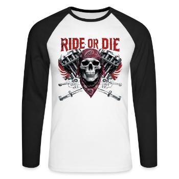 Motorcycle Skull Ride or Die Biker Chopper Rock - Unisex Long Sleeve Baseball T-Shirt - white/black - Front - Nik (191cm)