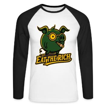 Reiches lustiges Schwein sagt esst die Reichen - Unisex Baseballshirt langarm - Weiß/Schwarz - Vorne - Nik (191cm)