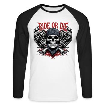 Motorcycle Skull Ride or Die Biker Chopper Rock - Unisex Long Sleeve Baseball T-Shirt - white/black - Front - Nik (191cm)