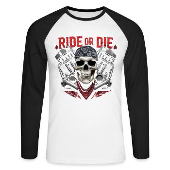 Motorcycle Skull Ride or Die Biker Chopper Rock - Unisex Long Sleeve Baseball T-Shirt - white/black - Front - Nik (191cm)