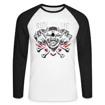 Motorcycle Skull Ride or Die Biker Chopper Rock - Unisex Long Sleeve Baseball T-Shirt - white/black - Front - Nik (191cm)