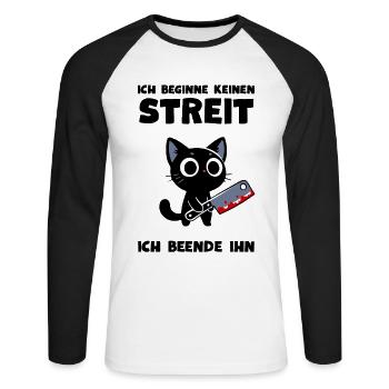 Katze mit Messer – Ich beende jeden Streit - Unisex Baseballshirt langarm - Weiß/Schwarz - Vorne - Nik (191cm)