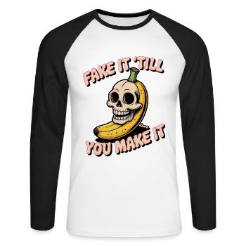 Skull Skull Banana with Cheeky Saying - Unisex Long Sleeve Baseball T-Shirt - white/black - Front - Nik (191cm)