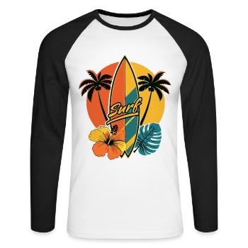 Retro Modern Surfboard With Tropical Leaves Surf - Unisex Long Sleeve Baseball T-Shirt - white/black - Front - Nik (191cm)