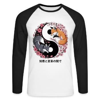 Kitsune Fuchs, Japanische Anime & Mythologie - Unisex Baseballshirt langarm - Weiß/Schwarz - Vorne - Nik (191cm)