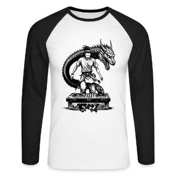 Chemise de samouraï : DJ manga avec table de mixage et dragon - T-shirt baseball manches longues Homme - blanc/noir - Devant - Nik (191cm)