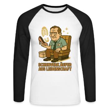Shoe salesman cartoon motif with Al on sofa - Unisex Long Sleeve Baseball T-Shirt - white/black - Front - Nik (191cm)