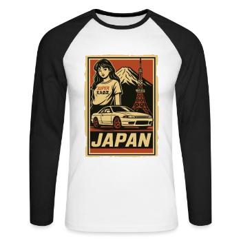 JDM Japan Retrodesign mit Auto und Mädchen - Unisex Baseballshirt langarm - Weiß/Schwarz - Vorne - Nik (191cm)