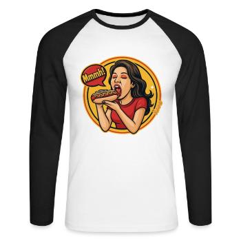 Frau genießt Hotdog Comic Pop Art Stil - Unisex Baseballshirt langarm - Weiß/Schwarz - Vorne - Nik (191cm)