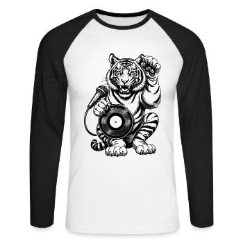 Schallplatten Comic Shirt: Tiger hebt die Tatze - Unisex Baseballshirt langarm - Weiß/Schwarz - Vorne - Nik (191cm)