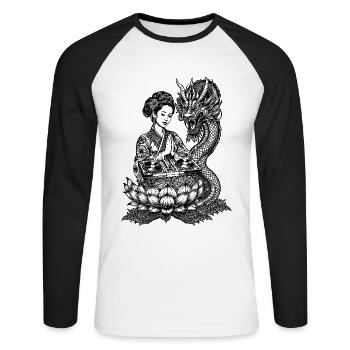 Chemise du festival des geishas : le dragon rencontre la magie du DJ - T-shirt baseball manches longues Homme - blanc/noir - Devant - Nik (191cm)