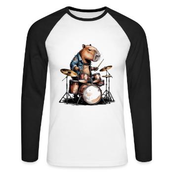 Cool Capybara jouant de la batterie - T-shirt baseball manches longues Homme - blanc/noir - Devant - Nik (191cm)